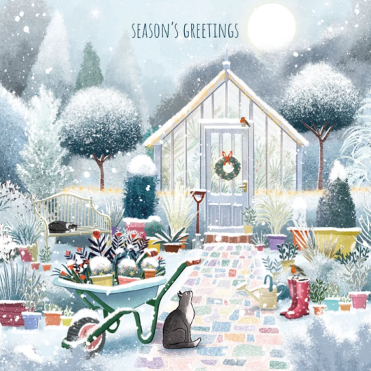 Cat, shed and garden Christmas Card